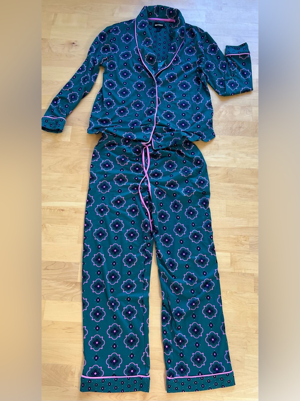 Womens Teal Floral Long-Sleeve Pajama Set with Pink Trim